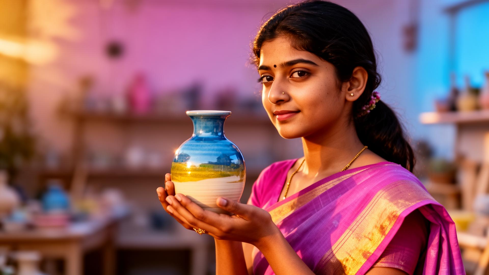 Indian maker holding a handmade ceramic vase at golden hour